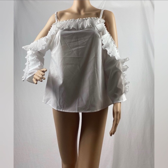 White Long Sleeve Cold Shoulder Ruffle Blouse - Picture 2 of 8